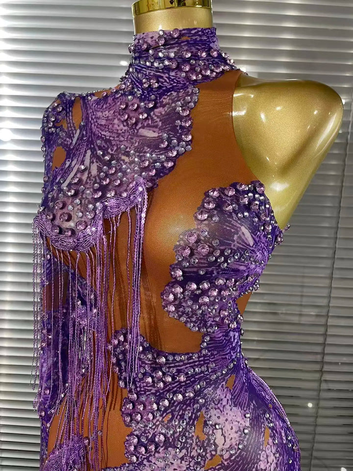 Elegant Purple Rhinestone Mesh High Waist Jumpsuit