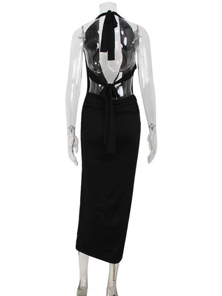 Luxurious Black Halter Maxi Dress For Evening