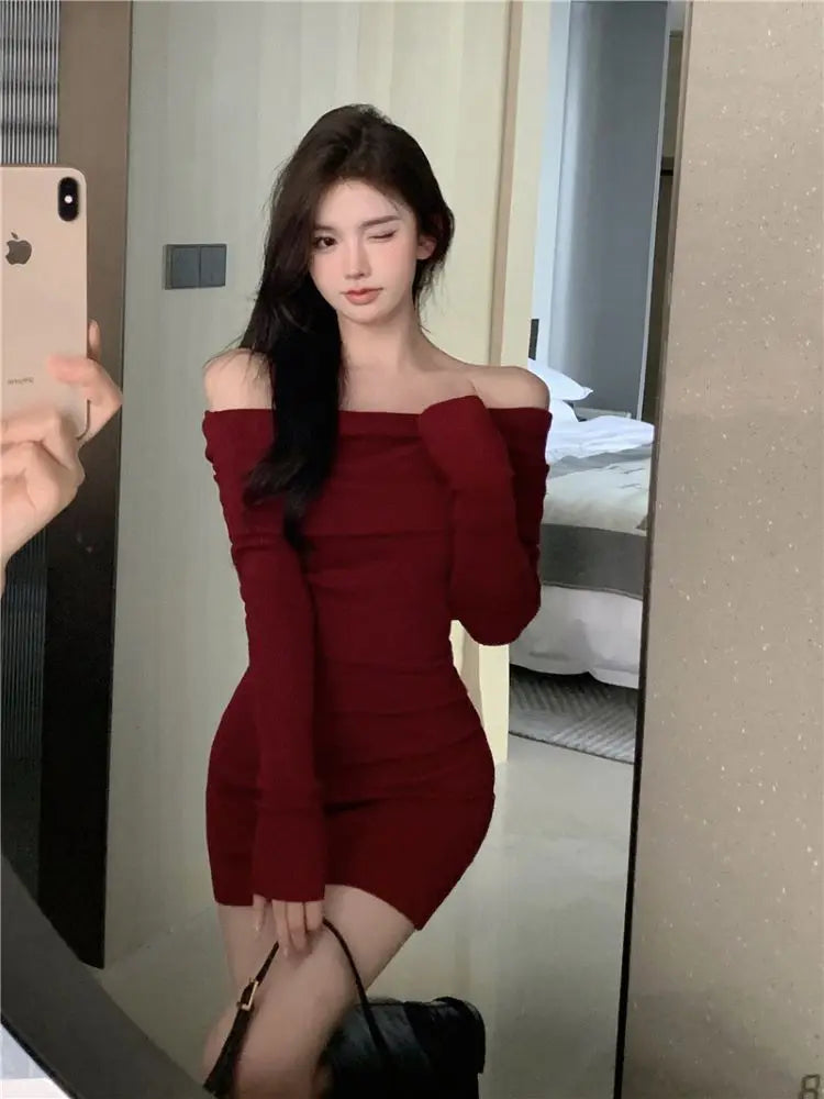 Black Off Shoulder Mini Dress Long Sleeve Bodycon