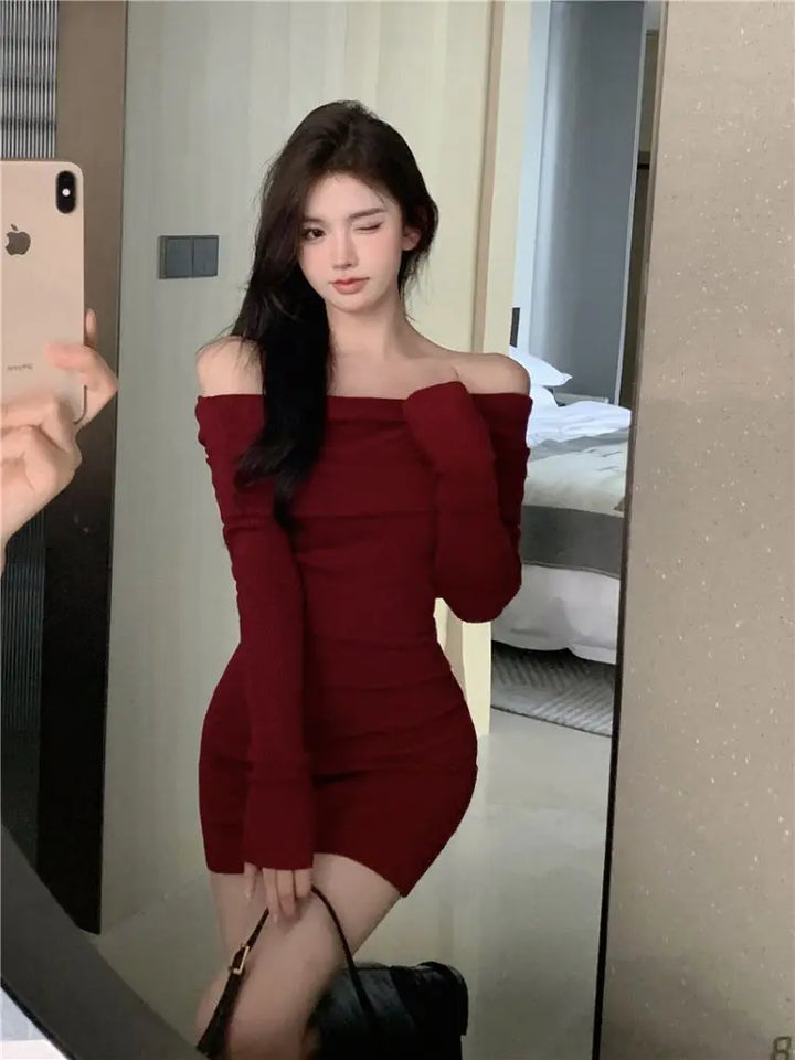 Black Off Shoulder Mini Dress Long Sleeve Bodycon