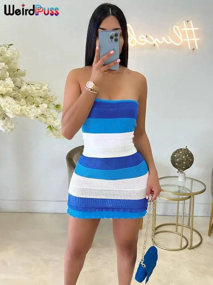 Elegant Striped Ruffles Chic Summer Clubwear Dress