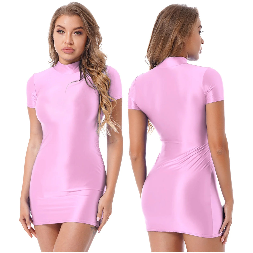 Oil Glossy Bodycon Mini Dress Women Sexy Clubwear