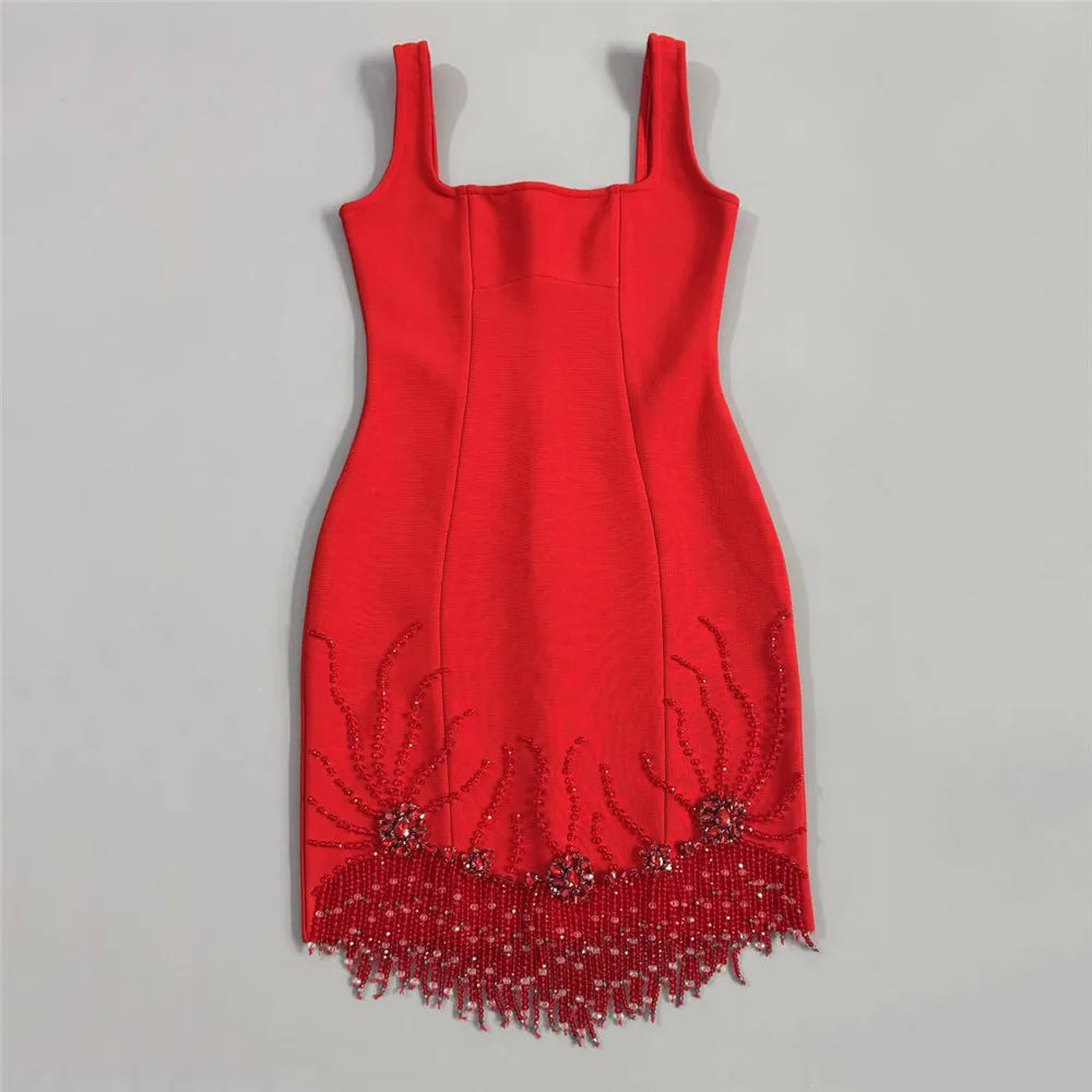 Women Sleeveless Bandage Dress Beading Tassel