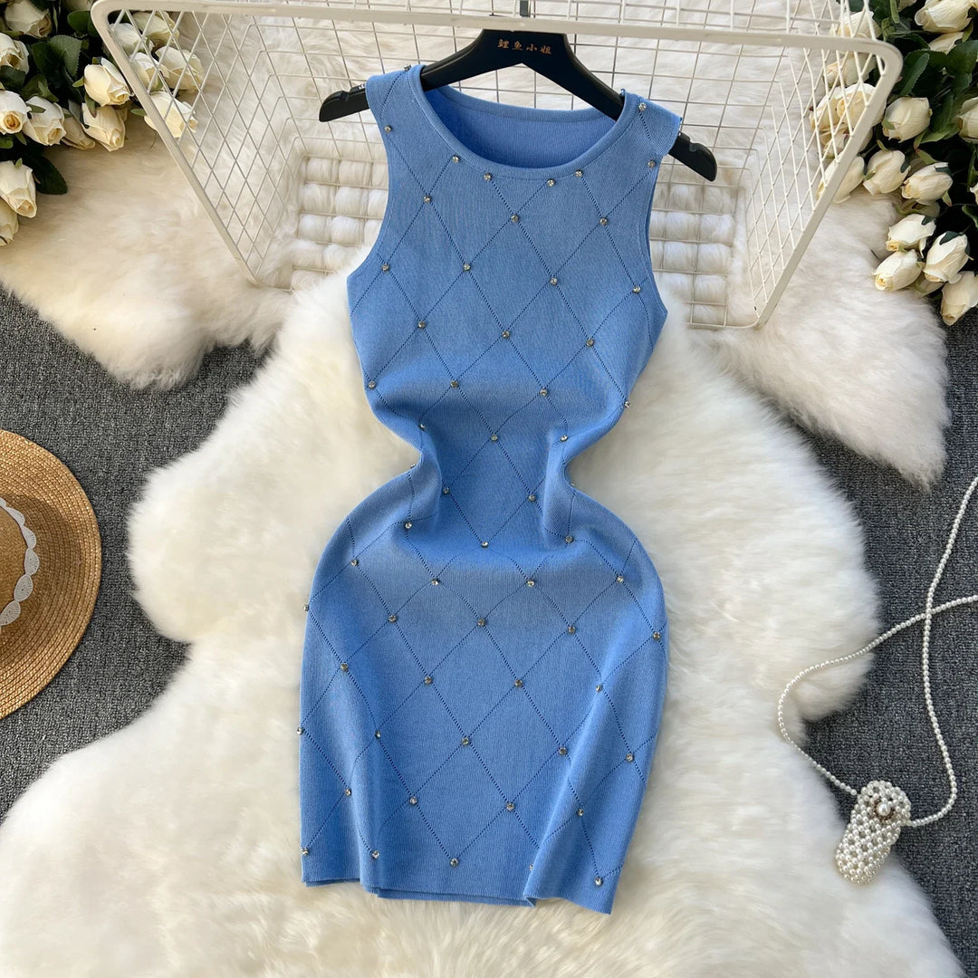 Beaded Knit Tank Dress For Women Bodycon Mini