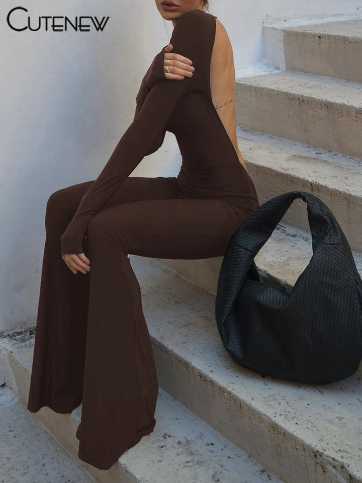 Black Backless Bodycon Jumpsuit For Women Wide Leg