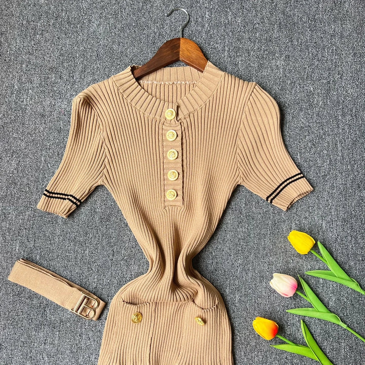 YuooMuoo Women Knitted Belted Dress Bodycon Office