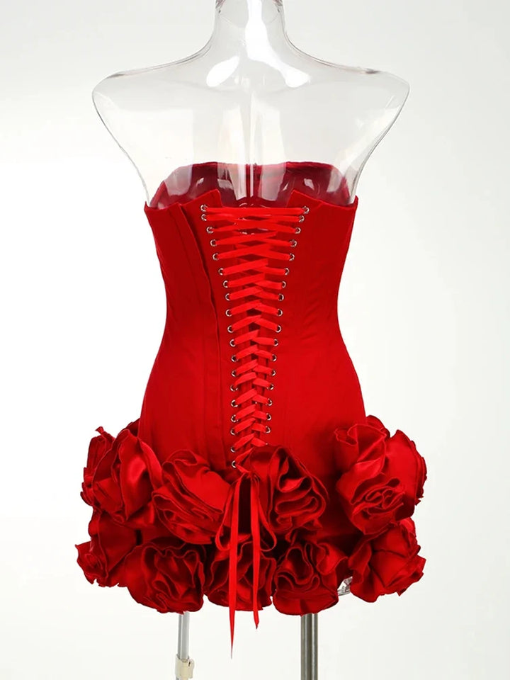 VJ GOCHI Red Strapless Backless Floral Mini Dress