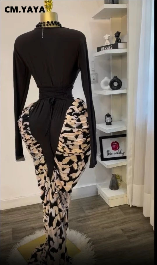 Patchwork Ruched Long Sleeve Bodycon Dress