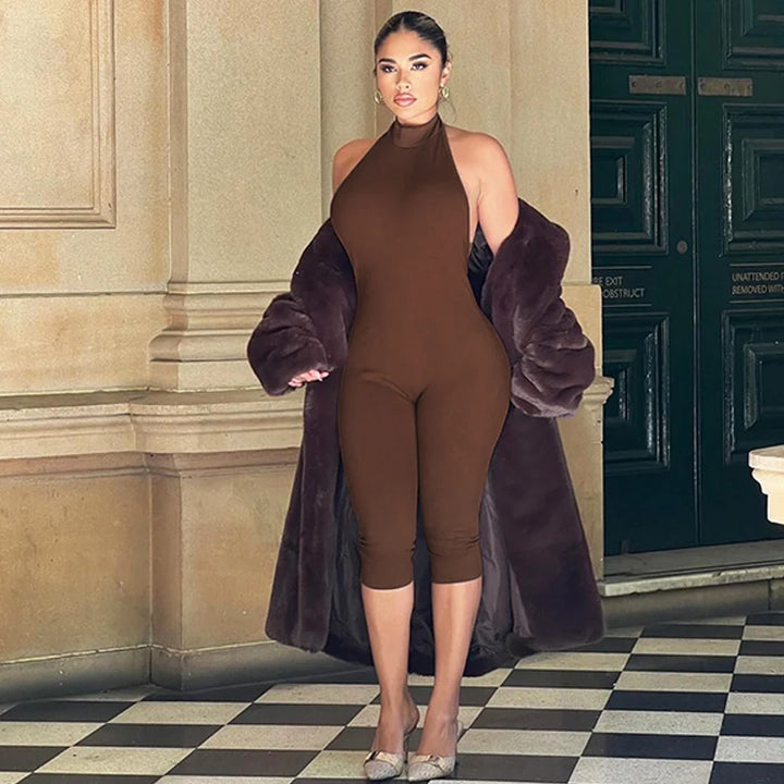 Elegant Ribbed Knit Halter Neck Bodycon Jumpsuit
