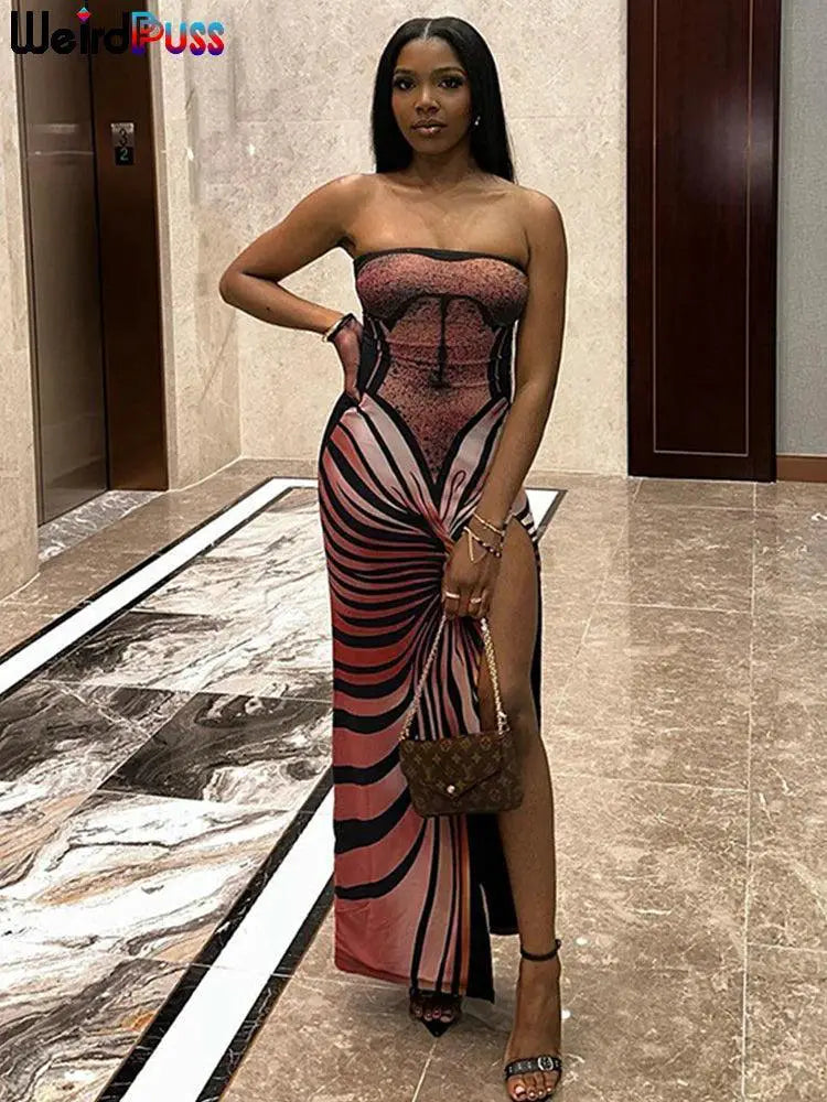 Midnight Peach Striped Bodycon Dress Night Out Glamour