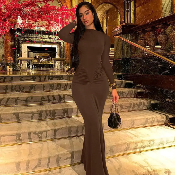 Hugcitar Autumn Solid Long Sleeve Draped Sexy Bodycon Maxi Prom Dress Women Fashion Y2K Outfits Evening Party Festival Club