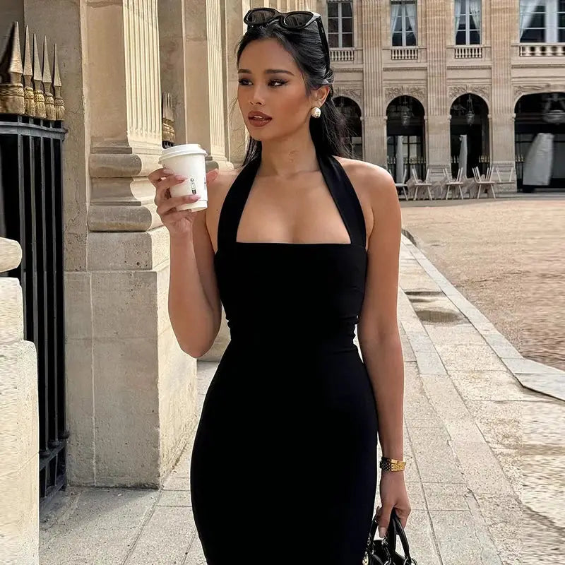 Hugcitar 2025 Elegant Halter Black Backless Sexy Bodycon Maxi Prom Dress Summer Women Y2K Clothes Wedding Birthday Party