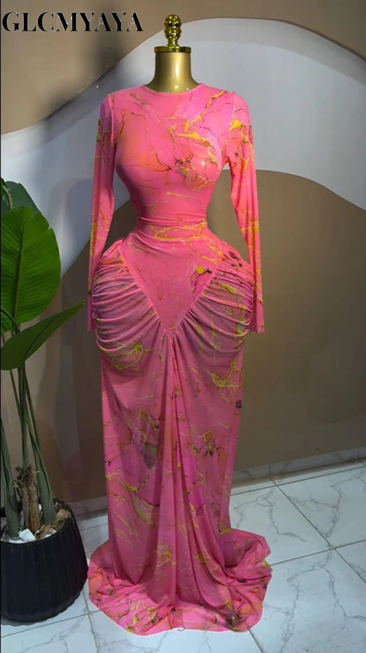Premium Tie Dye Ruched Long Sleeve Bodycon Maxi