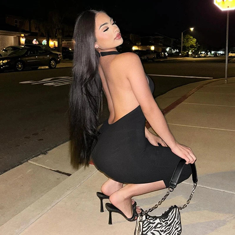 Elegant Ribbed Knit Halter Neck Bodycon Jumpsuit