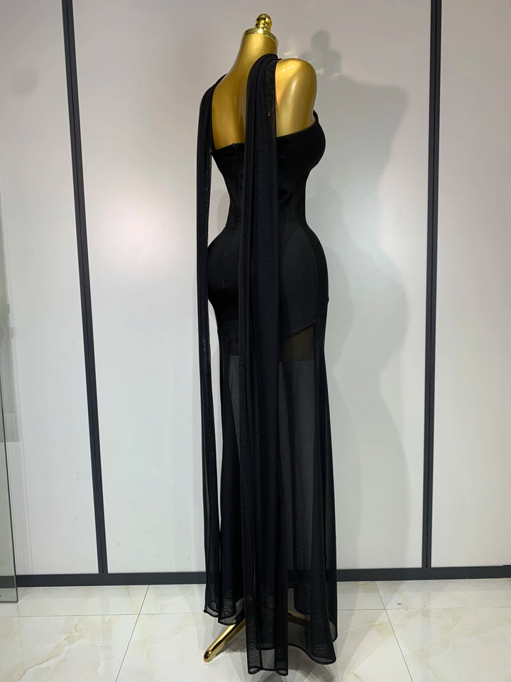 Black Strapless Bandage Dress Mesh Patchwork Gown