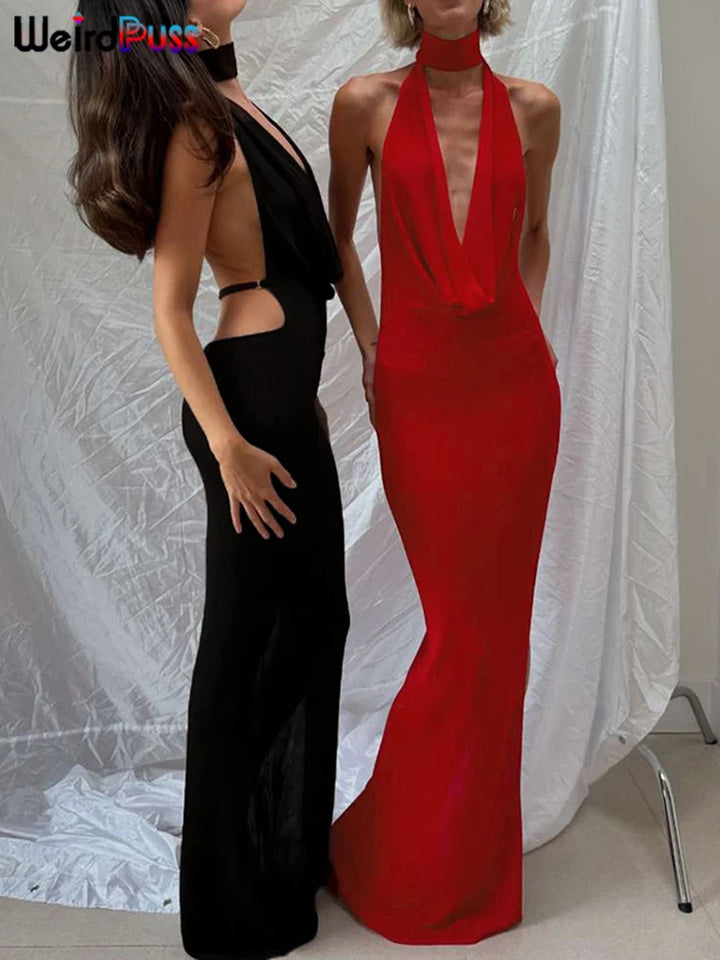 Weird Puss Hollow Halter Backless Bodycon Dress
