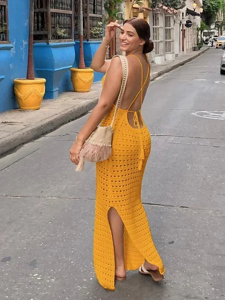 Sexy Knit Cutout Tassel Spaghetti Strap Maxi Dress