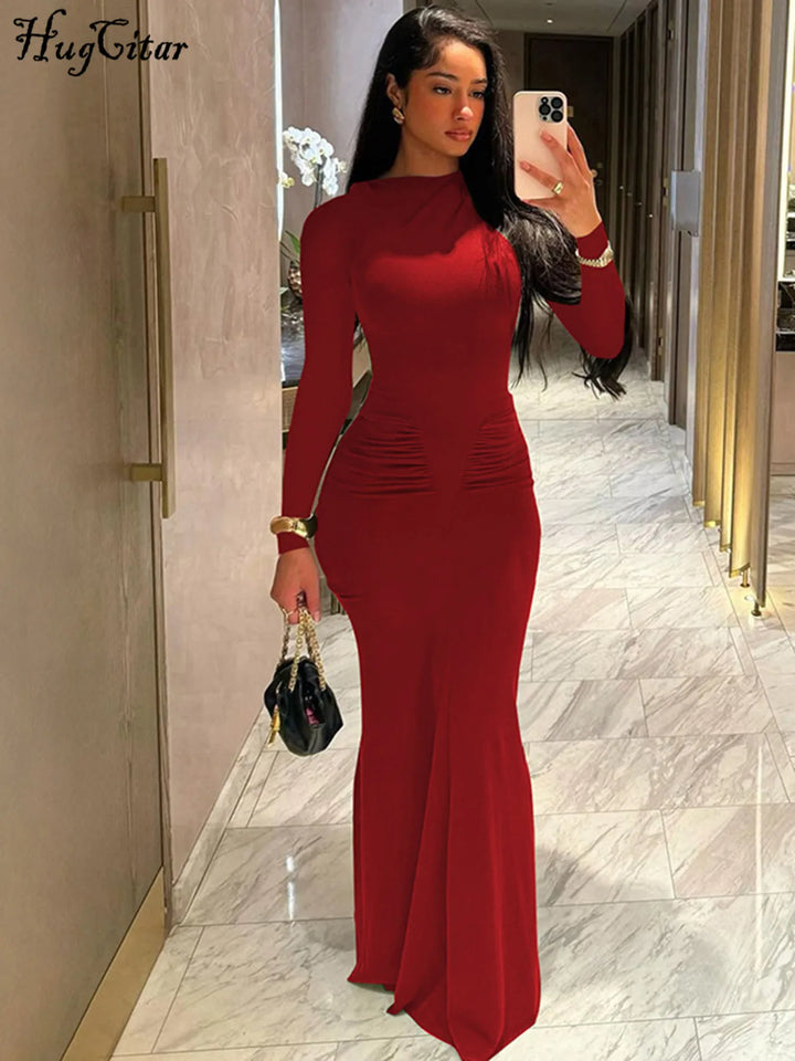 Hugcitar Autumn Solid Y2K Long Sleeve Maxi Dress