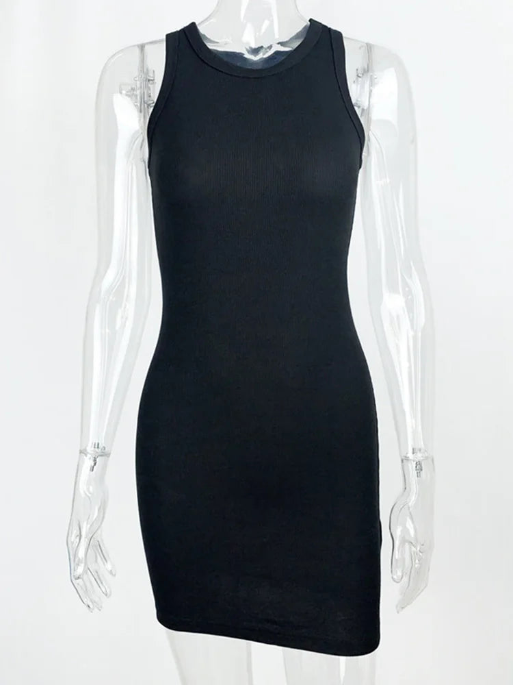 Womens Black Ribbed Bodycon Mini Dress Sleeveless