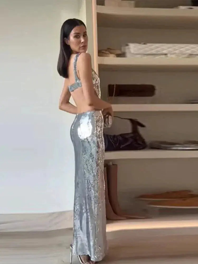 Sparkling Silver Maxi Dress Backless Evening Gown For Events