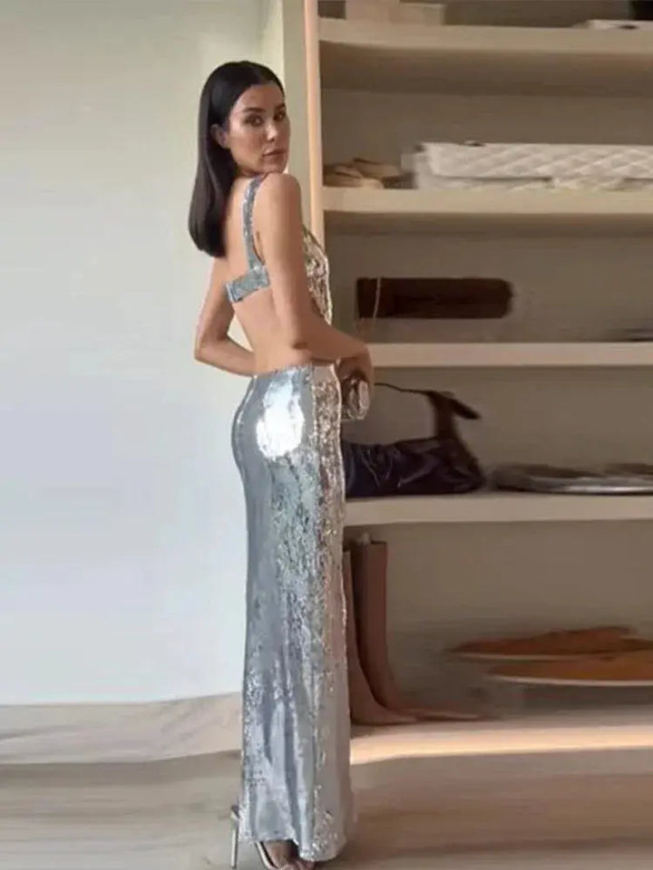 Sparkling Silver Maxi Dress Backless Evening Gown For Events