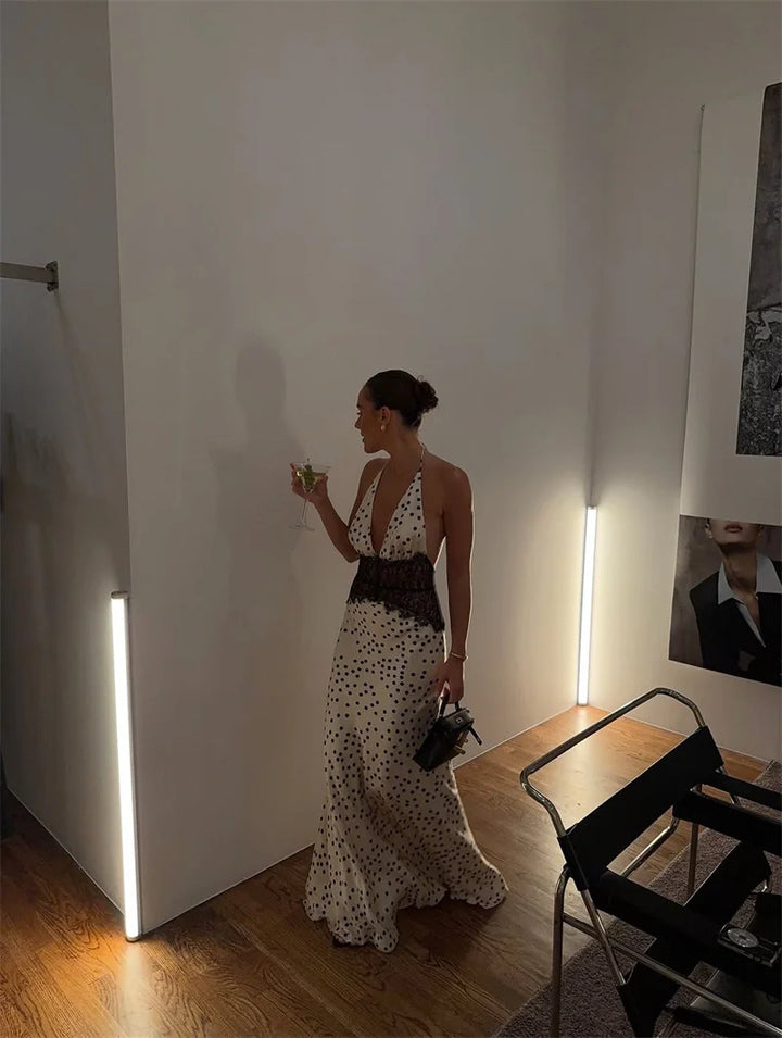 Elegant Polka Dot Lace Maxi With Backless V Neck