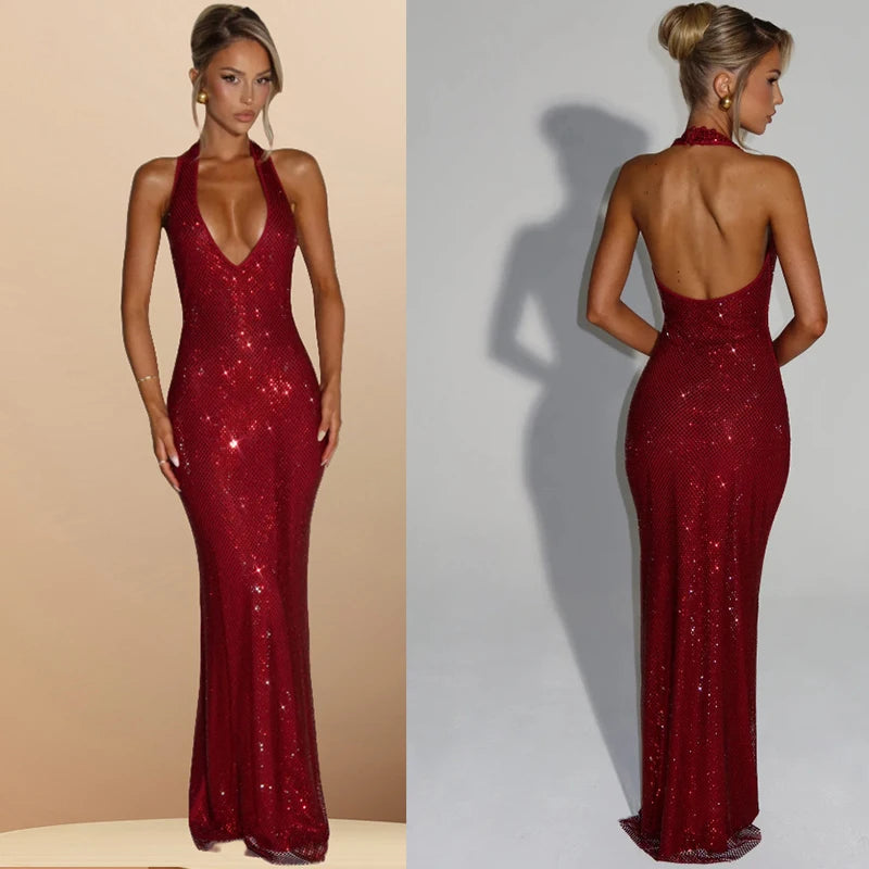 Giyu Sequined Mesh Diamond Backless Maxi Dress