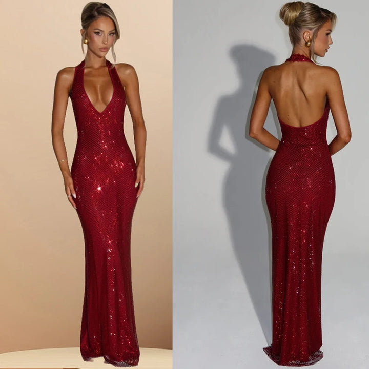 Giyu Sequined Mesh Diamond Backless Maxi Dress