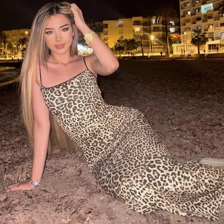 Hugcitar Leopard Backless Bodycon Maxi Dress