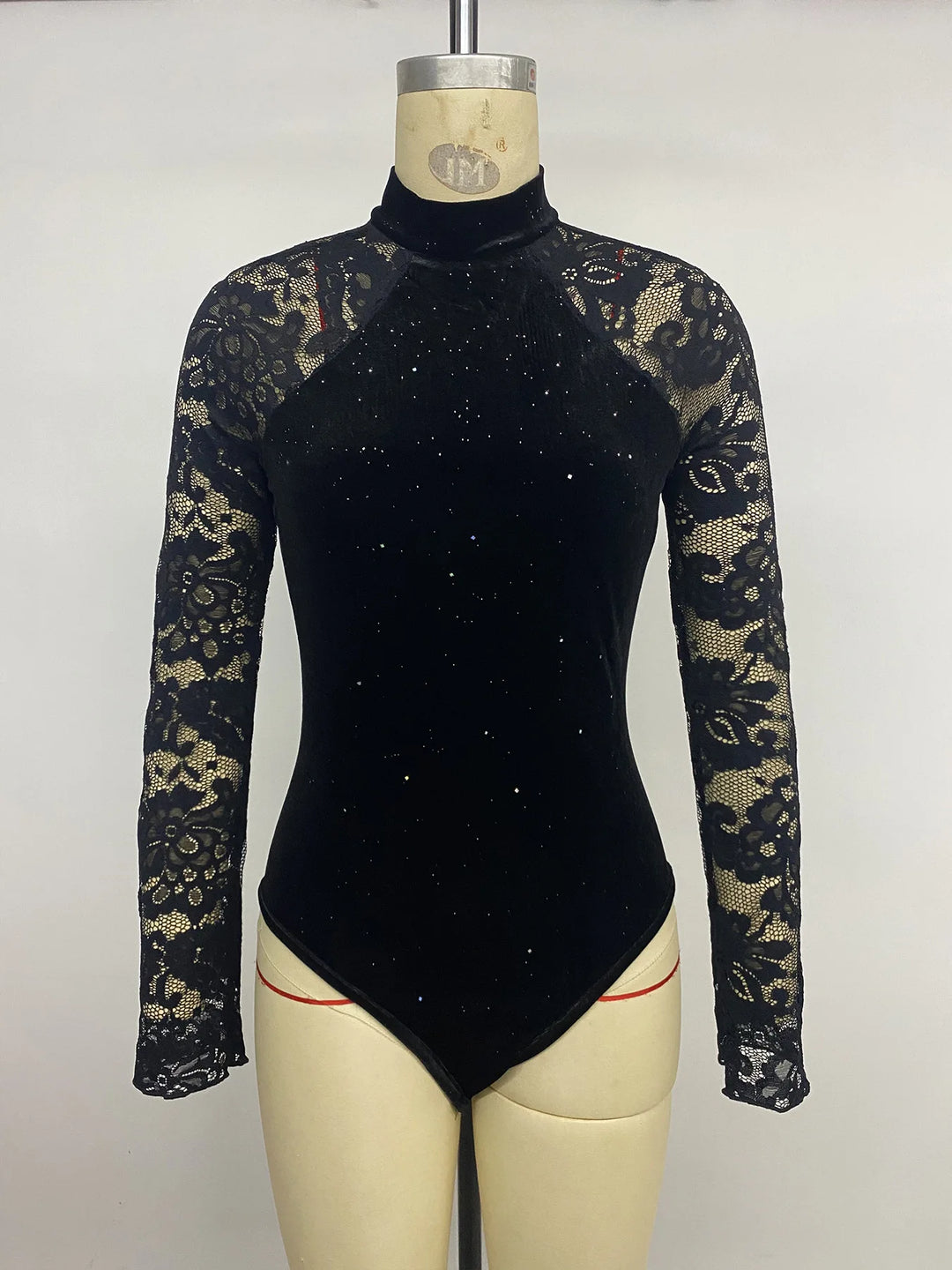 Luxury Black Velvet Bodysuit With Glitter Lace For Elegant Style