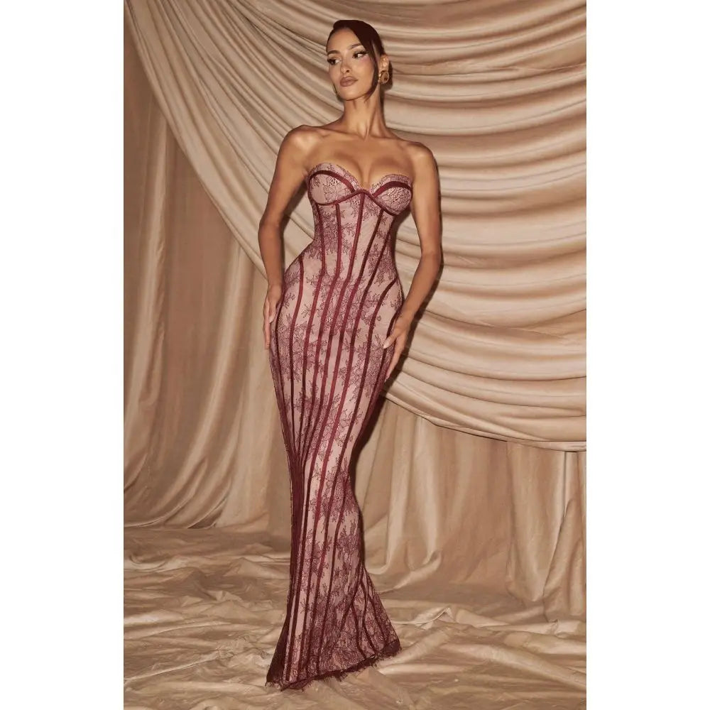 Elegant Lace Strapless Waist Cinching Long Formal Dress