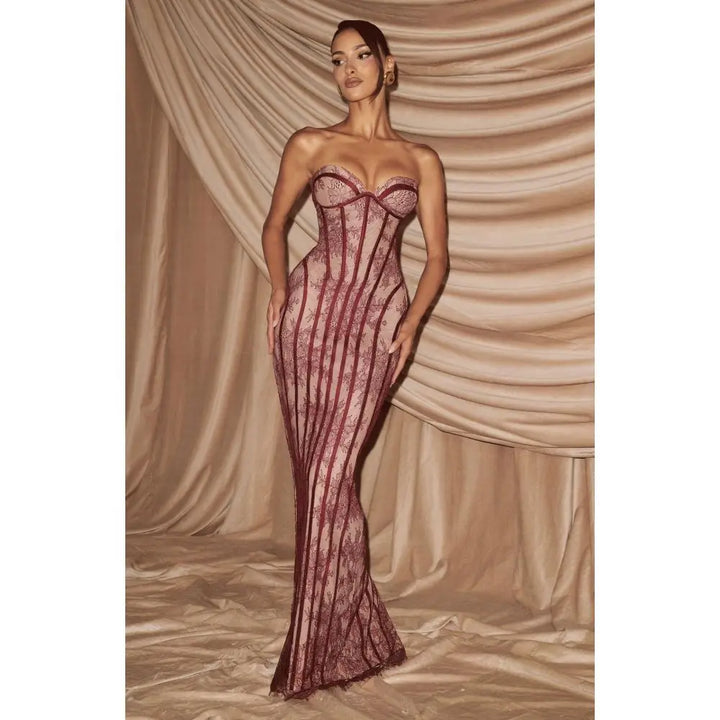 Elegant Lace Strapless Waist Cinching Long Formal Dress
