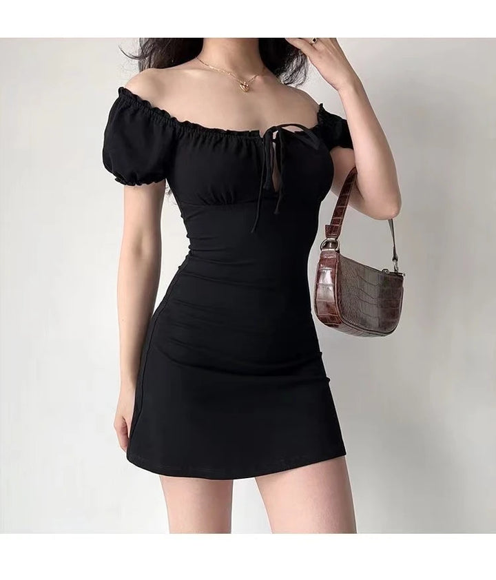 Chic Black Square Collar Mini Dress With Puff