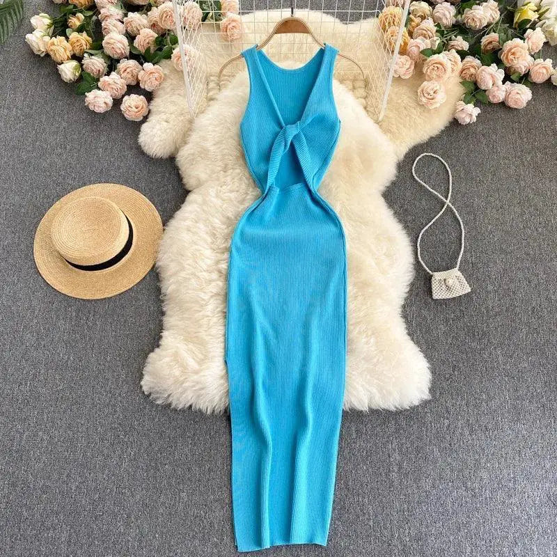 Korean Knitted V Neck Bodycon Dress Chic Hollow Out Style