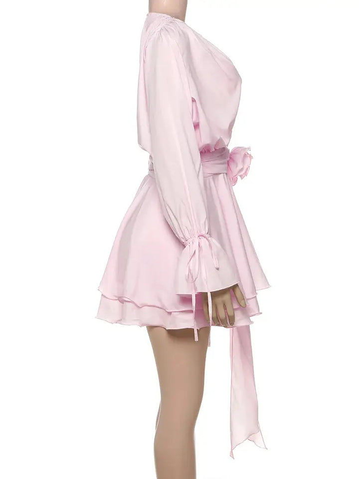 Nibber Elegant 3D Flower Decoration Dress Women Y2K Sweet Style Flare Sleeve Ruched Ribbon Vacation Fashion Summer Mini Bodycon