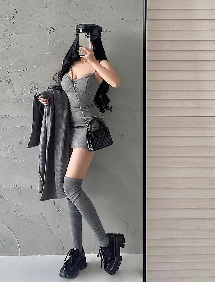 JeYongZoo Black Y2K Lace Bodycon Mini Dress