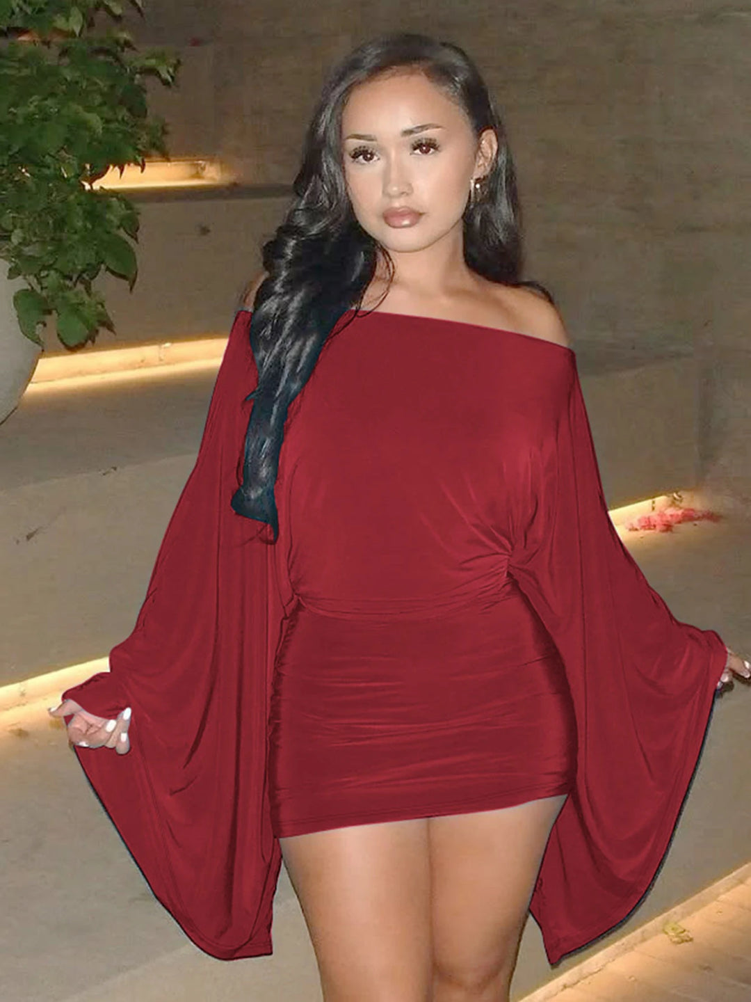 Hugcitar Sexy Ruched Long Cloak Sleeve Mini Dress