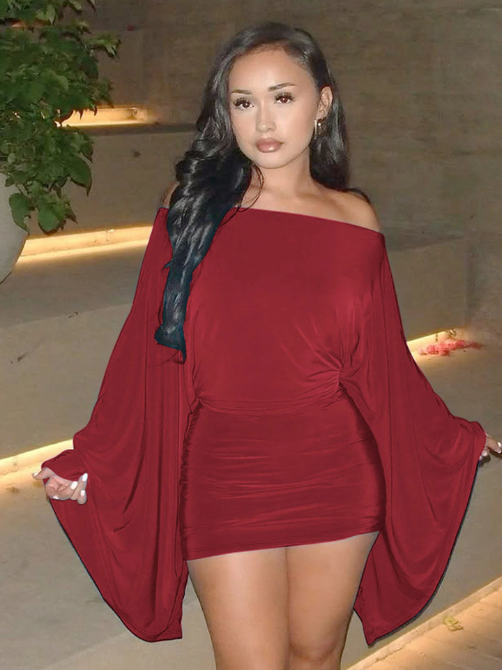 Hugcitar Sexy Ruched Long Cloak Sleeve Mini Dress
