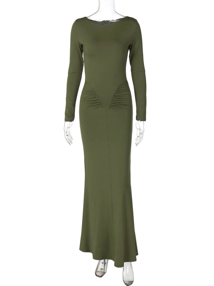 Hugcitar Autumn Solid Long Sleeve Draped Sexy Bodycon Maxi Prom Dress Women Fashion Y2K Outfits Evening Party Festival Club