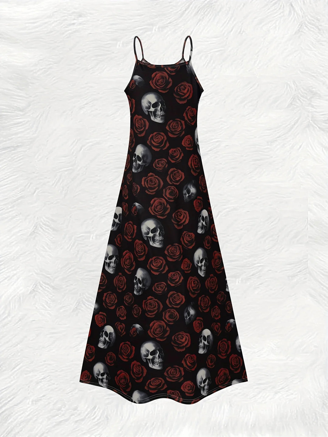 Edgy Silver Skull Red Rose Black Spaghetti Strap Maxi Dress