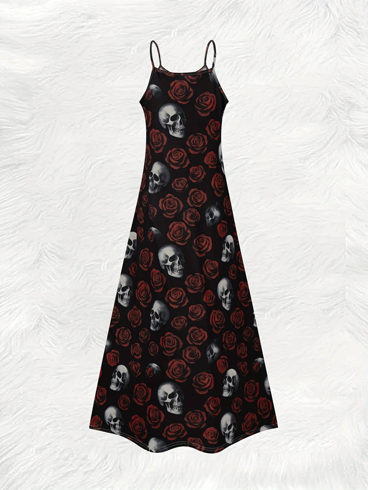 Edgy Silver Skull Red Rose Black Spaghetti Strap Maxi Dress