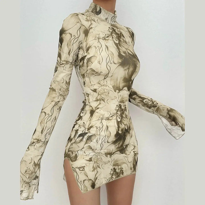 Ladies Mesh Printed Y2k Vintage Dress High Street Slim Elastic Bodycon Party Dress Round Neck Bell Sleeve Side Open Hip Dresses