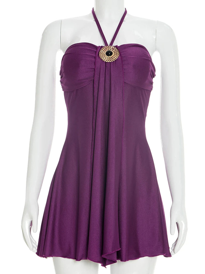 Weird Puss Metal Buckle Dress Women Halter Bodycon