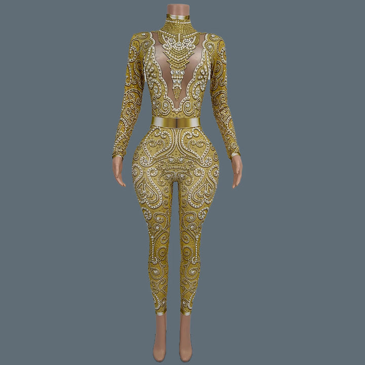 Women Sparkly Rhinestone Pearls Spandex Jumpsuit Nightclub Party Stage Performance Bodycon Wear Sexy Printing Jumpsuit Quanquan