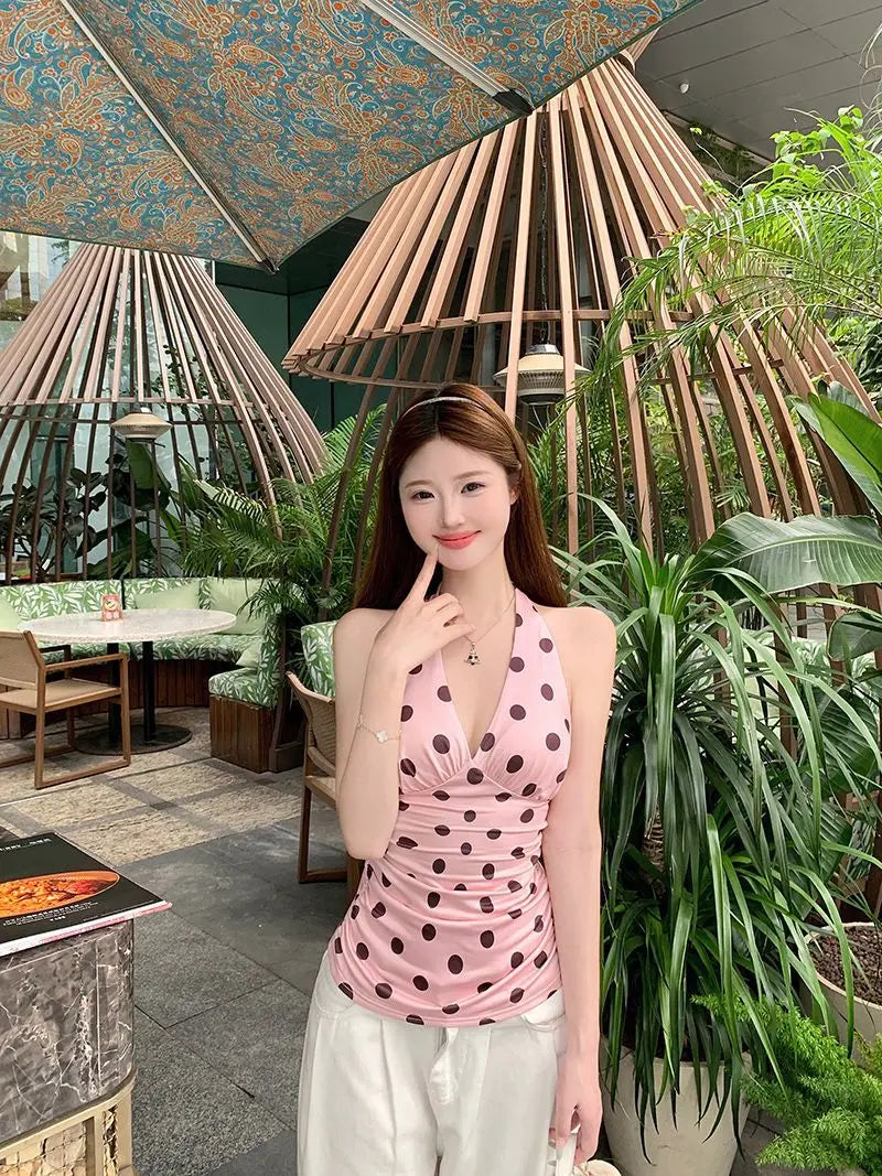 Summer Women Sexy Polka Dot V Neck Halter Cami Top Backless Slim Waist French Style Spicy Trendy Sleeveless Vest Fashion Outwear