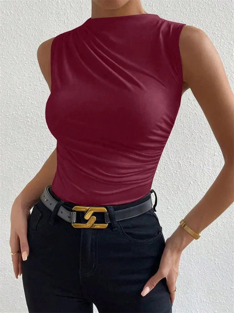 Phumee Women Premium Mock Neck Ruched Sleeveless