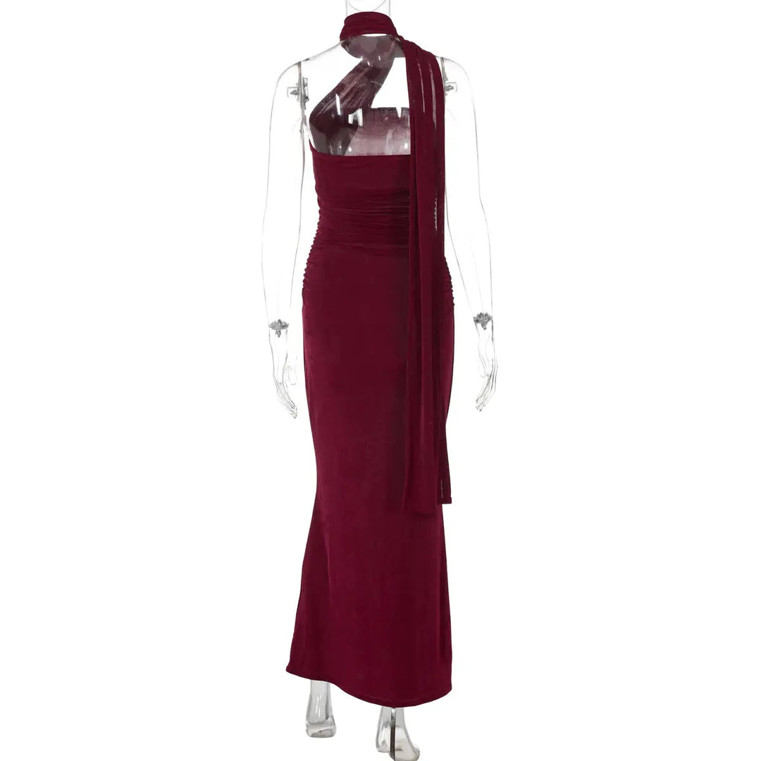 Hugcitar Halter Solid Sleeveless Backless Ruched Sexy Bodycon Maxi Prom Dress Summer Women Elegant Outfit Evening Party Birthday