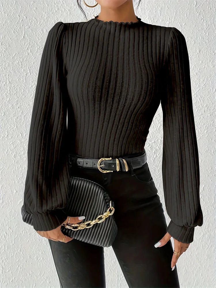 Women Fall Ribbed Knit Bodysuit With Lantern Sleeves Slim Fitted