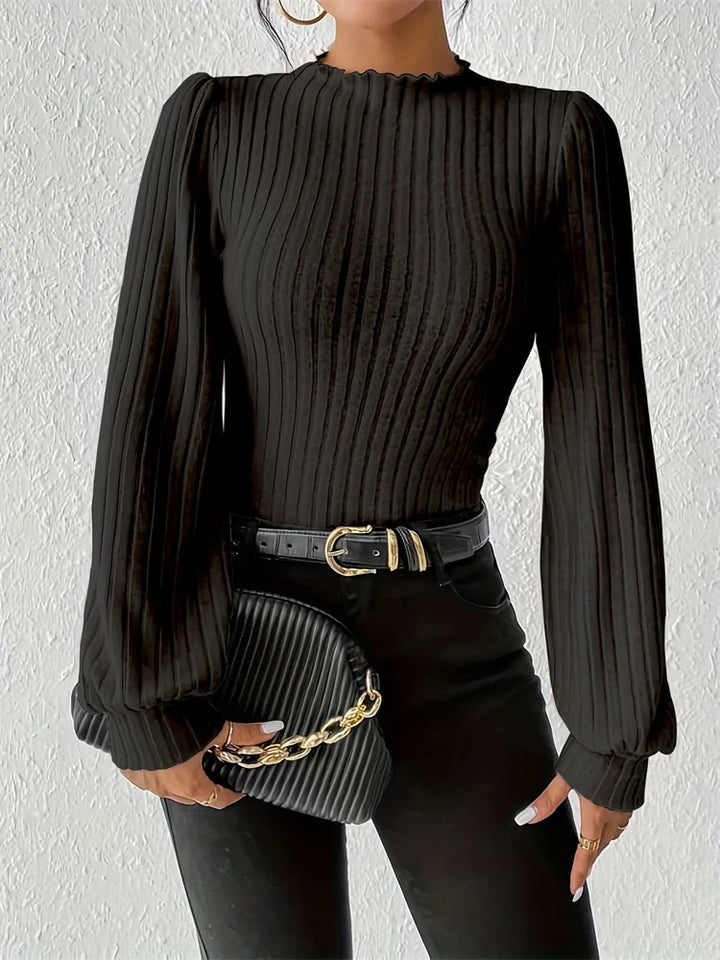 Women Fall Ribbed Knit Bodysuit With Lantern Sleeves Slim Fitted