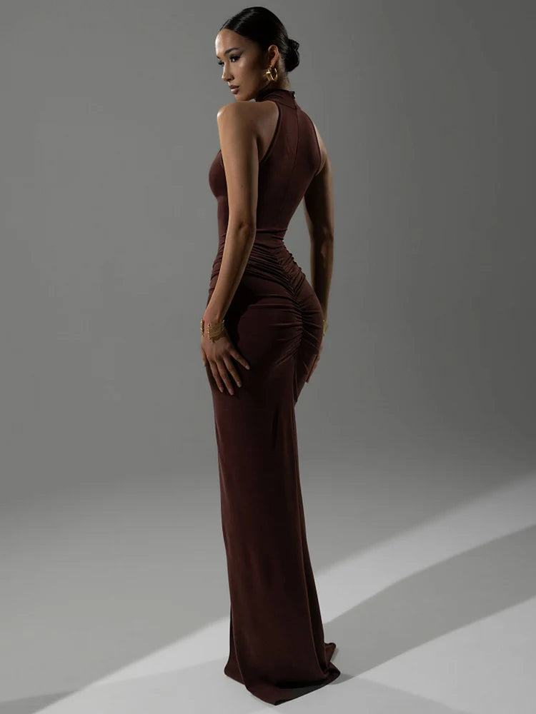 Elegant Ruched Halter Maxi Dress For Sexy Evening Party